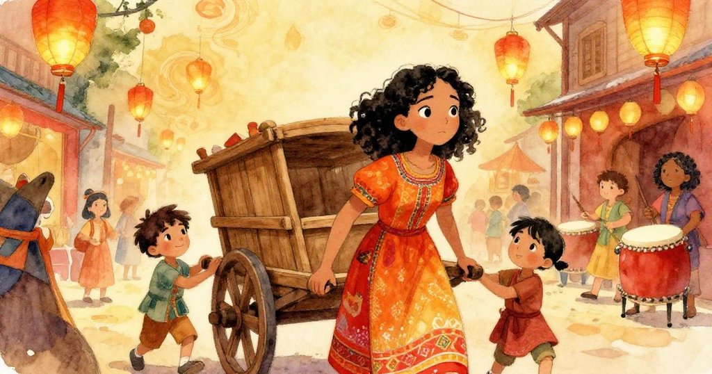 夜色漸深，孩子們與Maya攜手推車，在燈籠搖曳與鼓聲中共同努力，共迎節日歡慶。