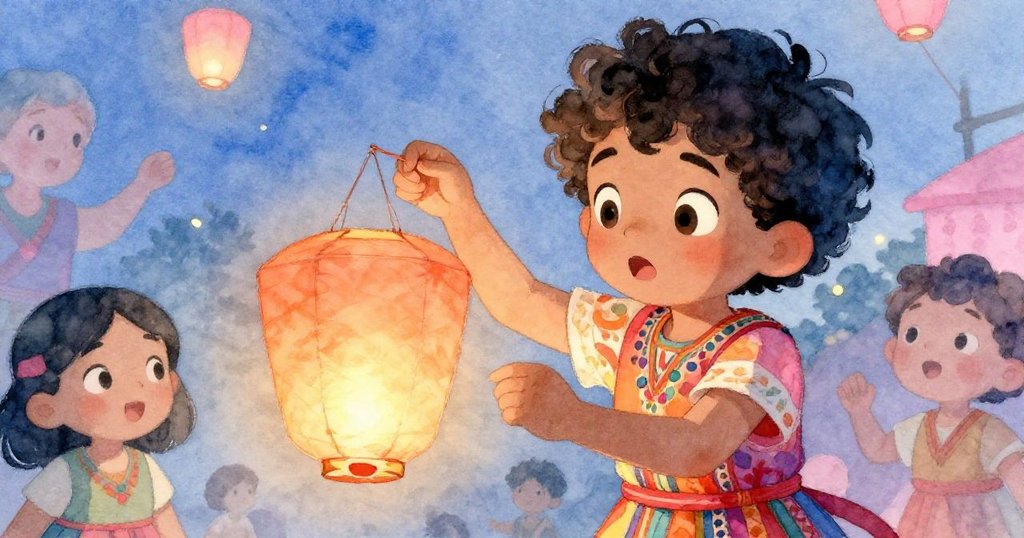 男孩穿節日盛裝驚喜發現紙燈籠，輕扣開關柔光閃耀，臉上洋溢著驚奇與希望，Maya靜旁關注。