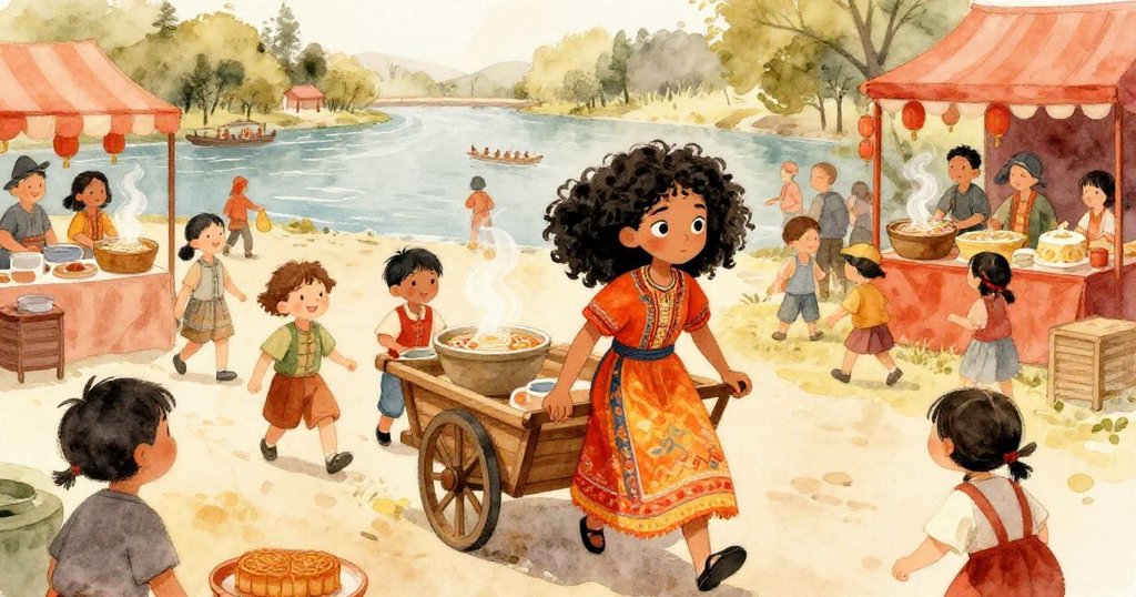 Maya與夥伴推著輕鬆推車進入河邊慶典廣場，迎接熱騰麵條與月餅，笑語聲中展望未來光明大道。