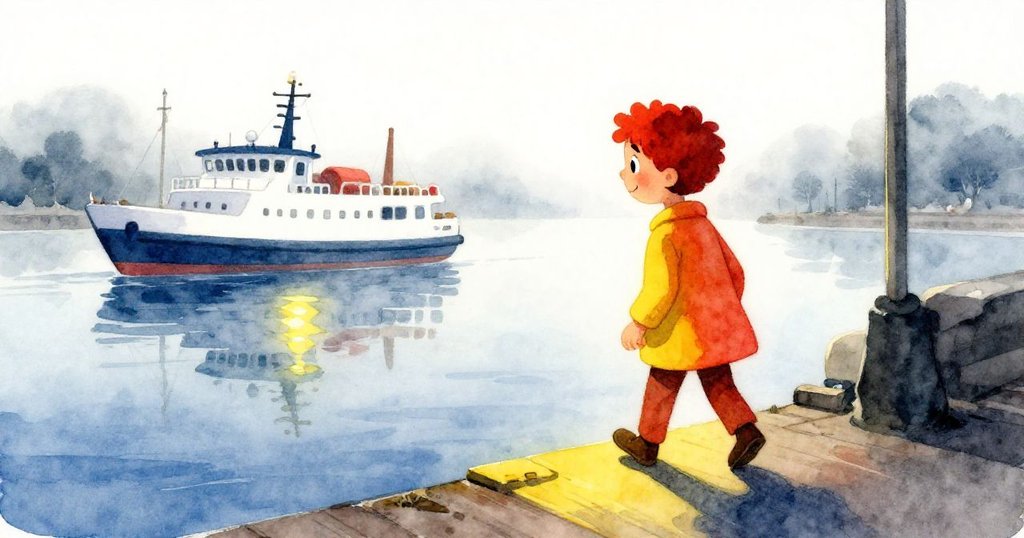 米洛在晨霧中的海港下渡輪，面帶期待與沉思，背景水面映出朦朧漁市，展開故事開端。