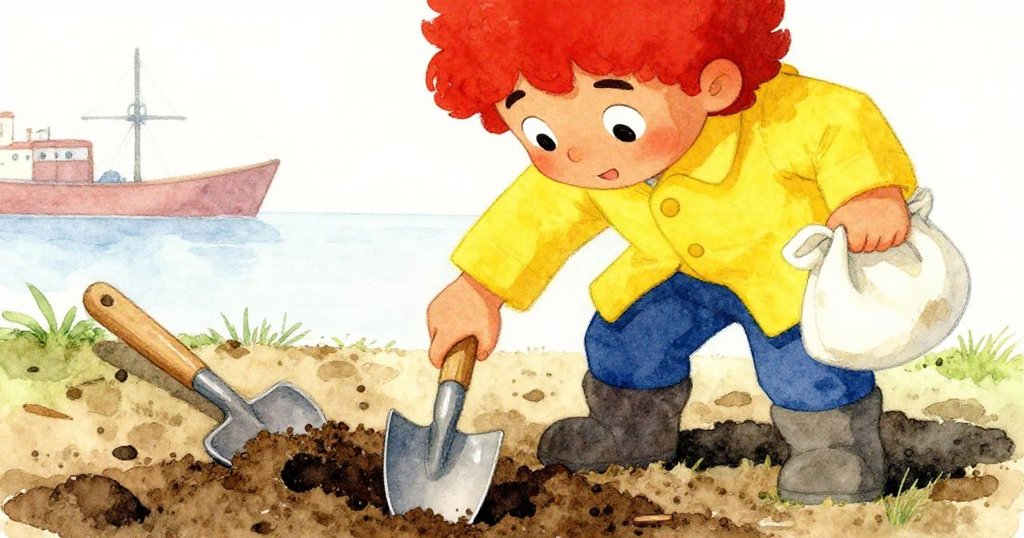 米洛專注用小鏟子在潮濕土壤中挖掘，特寫堅毅雙手與工具細節，展現努力開始。