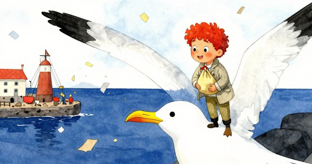 海鷗俯瞰米洛忙於挖土，紙片隨風飛揚，環境充滿生機與驚奇，展現故事發展。