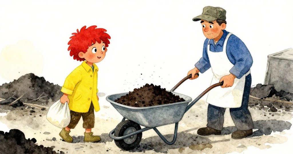 魚市場看護員推著滿滿堆肥的手推車送來幫助，米洛側面觀察，場景溫暖中透著轉折希望。