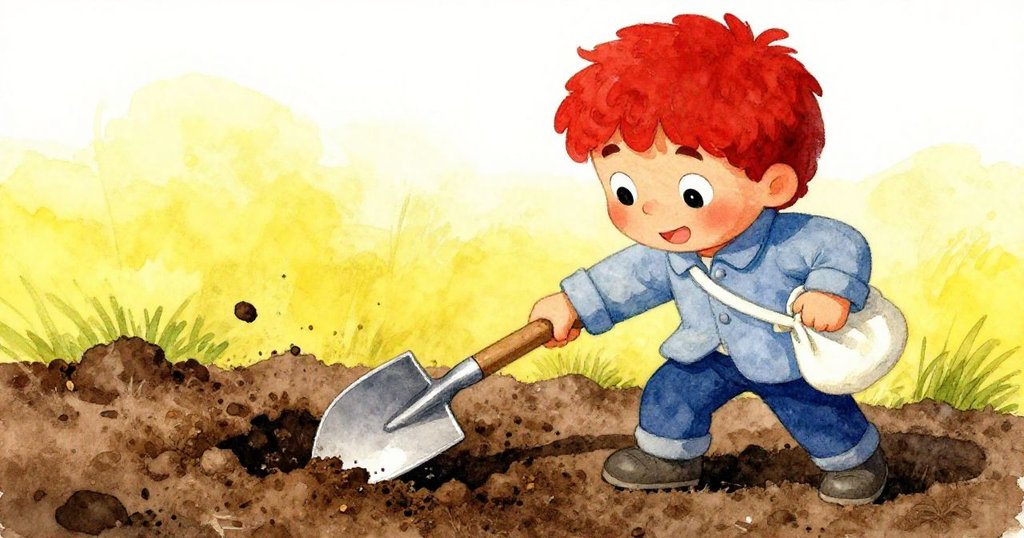 米洛奮力揮動小鏟子切入新土，臉上流露緊張與決心，瞬間定格充滿關鍵轉捩點。