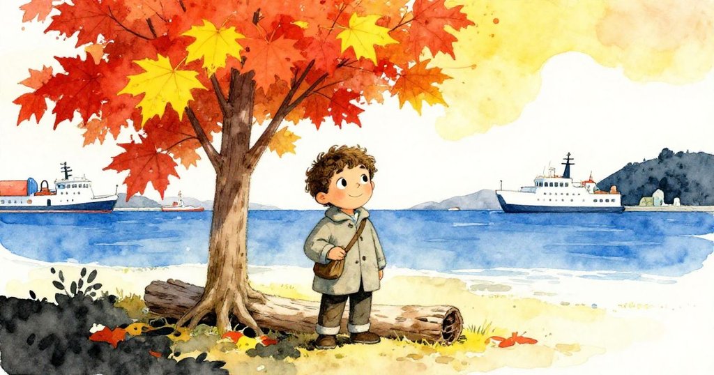 米洛在海港空地完成種植新楓樹，扶著漂流木支撐樹幹，臉上滿懷欣慰與希望，迎向未來。