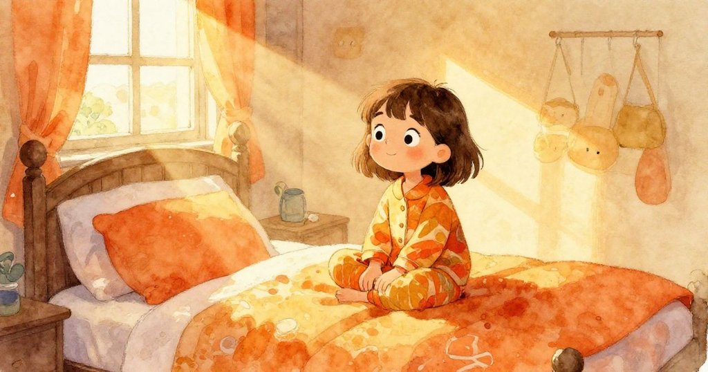 Mia 坐在溫暖臥室中,床邊擺著亮色書本,晨光灑入房內,神情期待且寧靜。