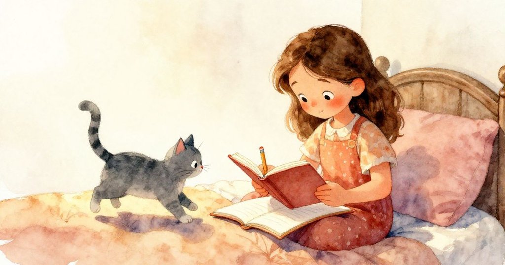 Mia 的小手輕觸亮眼書本封面,旁有準備好的鉛筆,展現探索與創造的溫馨情景。