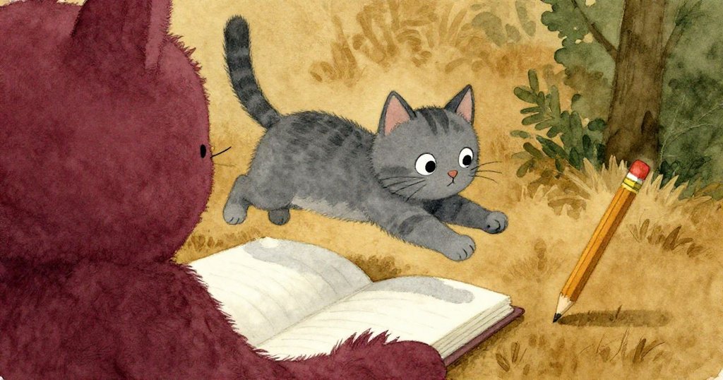 灰色貓咪俏皮跳上張開書本,書頁被柔軟毛皮覆蓋,旁邊鉛筆停住,展現好奇又活力的情景。
