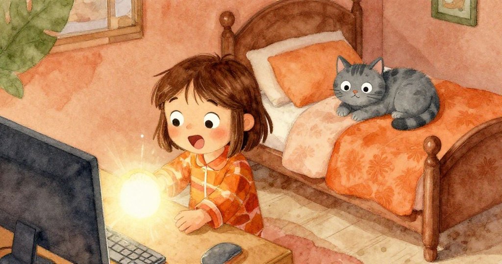 Mia 舒心地從高處觀望室內,興奮地將亮眼書本放在桌上,貓咪則悠然臥於床上,氣氛溫馨。