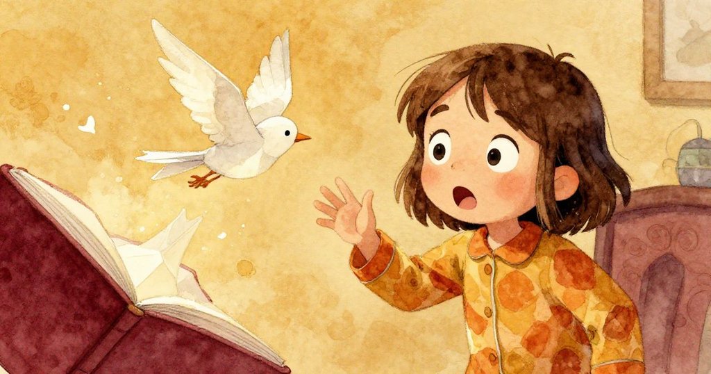 Mia 因書頁中突現展翅紙鳥而驚呼,臉上充滿驚奇與緊張,室內溫暖燈光映襯出神秘氛圍。