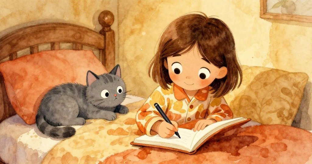 Mia 安靜地在書中寫下名字,臉上帶著滿足微笑,貓咪悠然臥於床上,室內燈光柔和彌漫寧靜氣息。