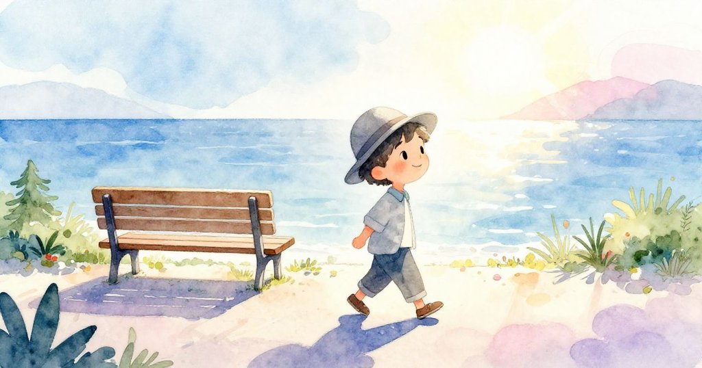 莉歐在明亮碼頭上行走，陽光映出他溫暖身影，展現冒險旅程的開始與大自然的美好。