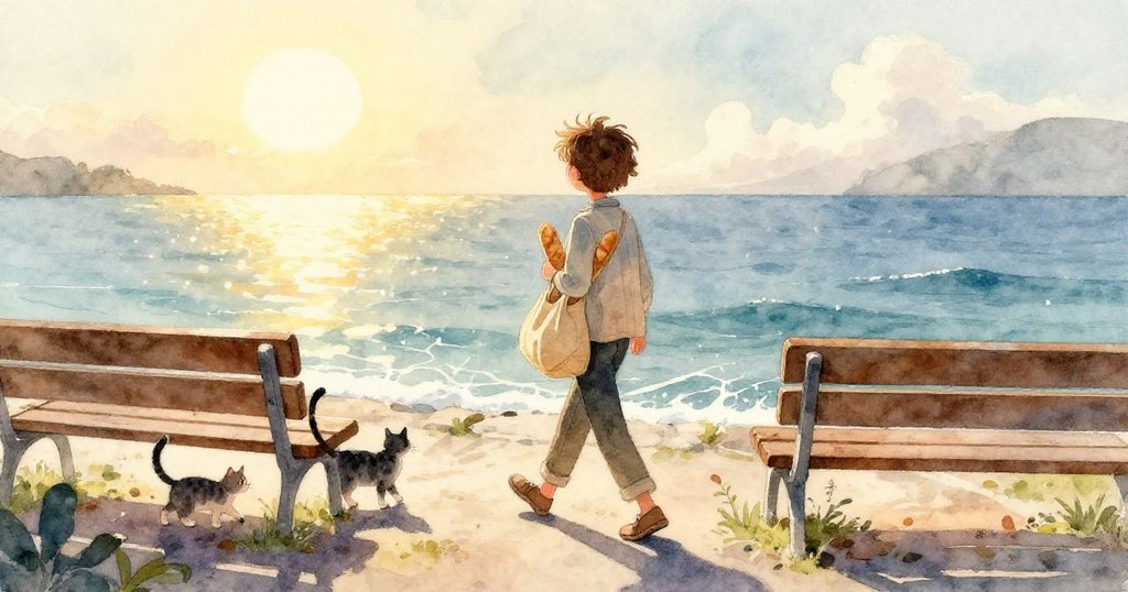 莉歐走在舊木板上，留下清晰鞋印，一隻小螃蟹出現，呈現冒險初期的細膩互動與驚喜。