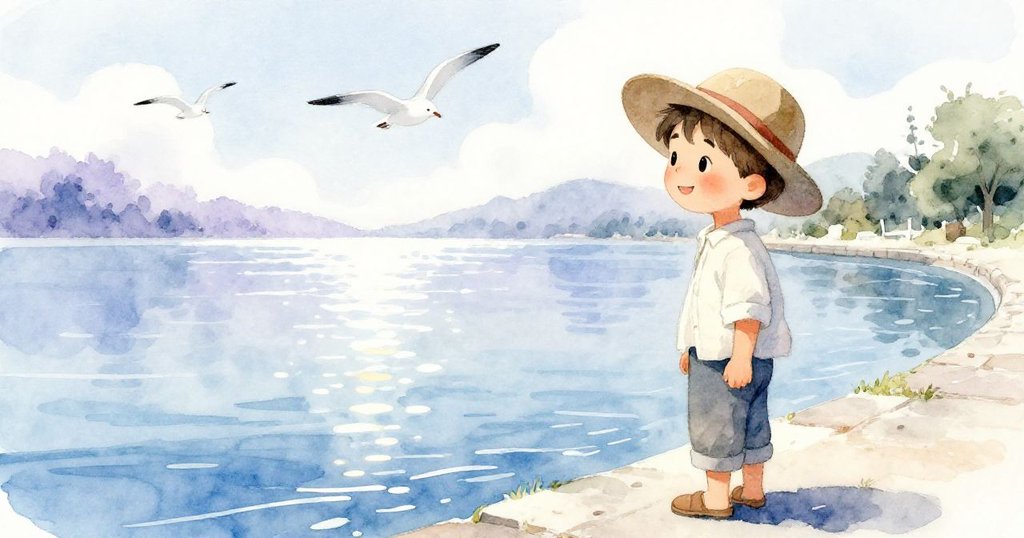 莉歐靜立水邊注視倒影，藍天海鷗與波光融合，展現故事發展中的沉思與詩情畫意。