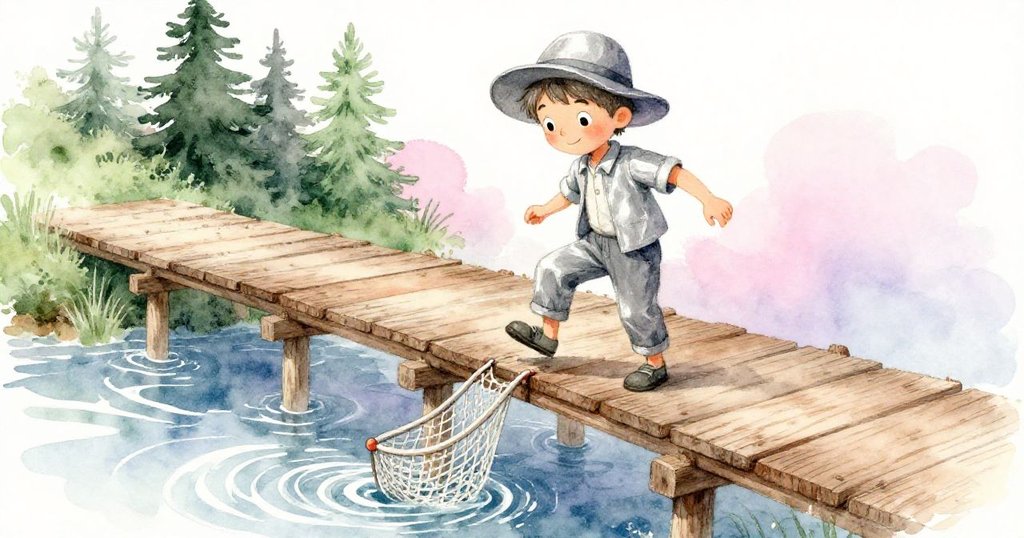 莉歐走上搖晃的木橋，遇到漁夫撒網阻路，他緊握帽繩，展現冒險轉折中的警覺與堅毅。