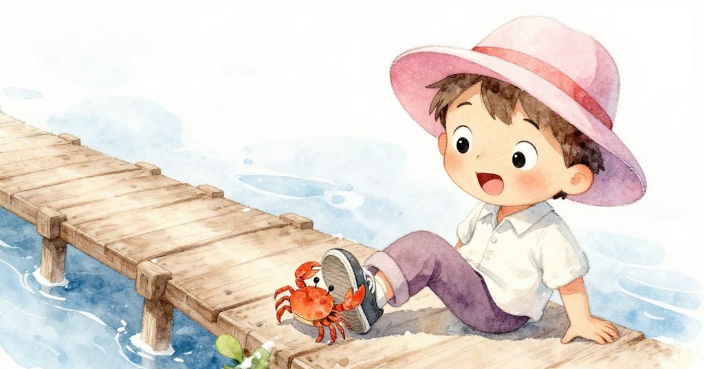 莉歐在木橋上驚喜地發現鞋上爬著小螃蟹，他臉上流露出幽默與驚訝，互動充滿活力。