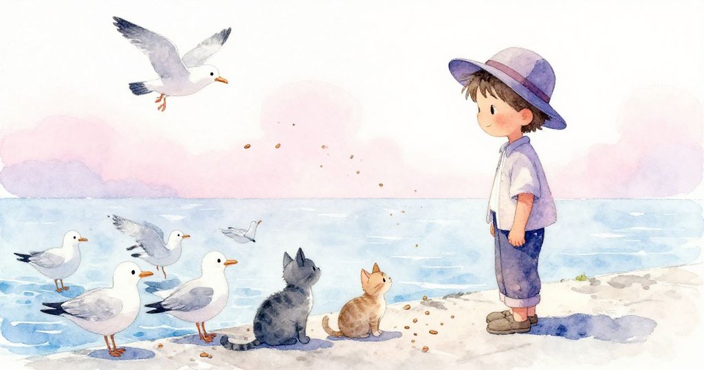 莉歐在碼頭盡頭撒下麵包屑，與貓和海鷗重逢，共享寧靜溫馨時光，結束驚奇冒險旅程。