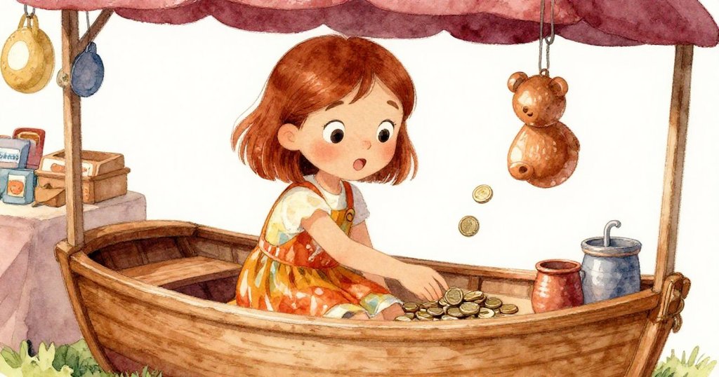 莉娜在市場玩具攤前伸手要取精巧木船，細節清晰呈現手中硬幣與滿懷期待的眼神