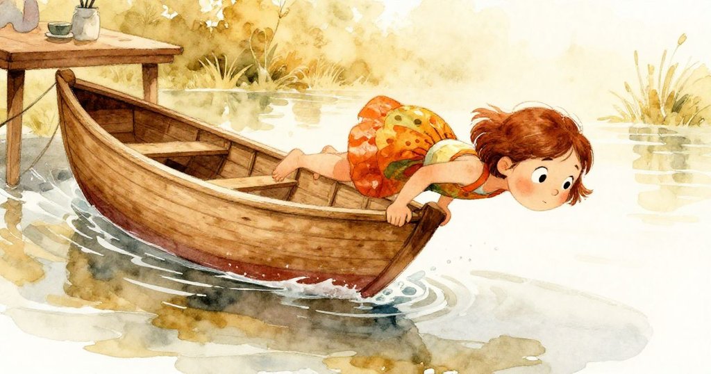 莉娜俯身奮力救起即將滑入水中的木船，動態水面清晰映出船影與緊張表情