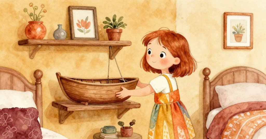 莉娜在溫馨臥室中小心翼翼地把救回的木船放上展示架，臉上流露出滿足與自豪的微笑