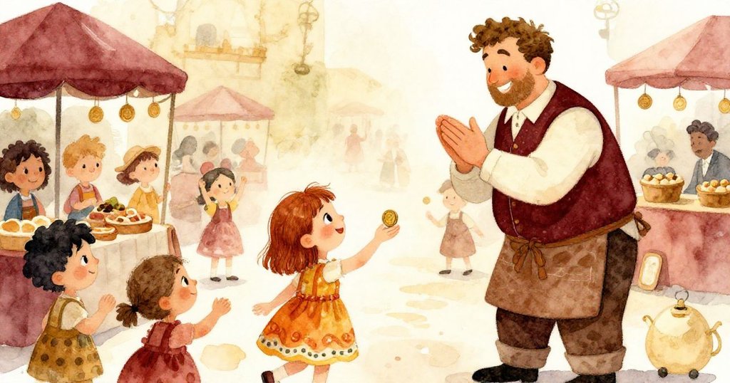 莉娜在熱鬧市場中獲得高個商販的笑容與拍手慶祝，眾人共享歡樂氣氛，充滿溫馨互動