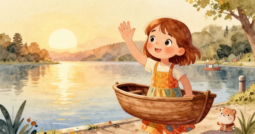 莉娜在寧靜碼頭邊揮手告別市場，手抱木船，臉上洋溢著滿足與新奇冒險的期待