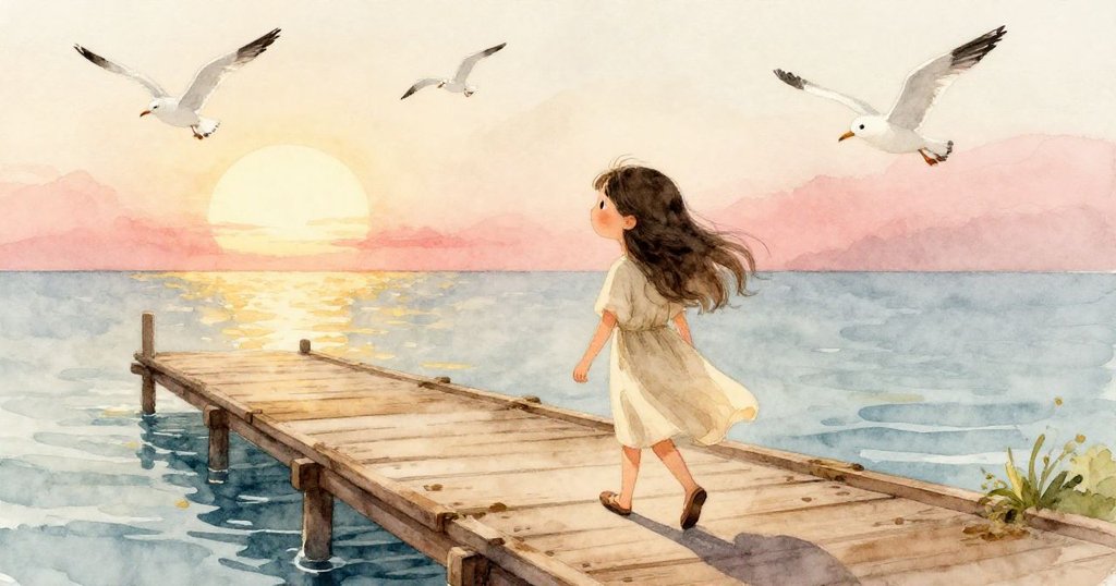 Mira穿著輕便衣服踏在寧靜的碼頭上，夕陽照耀木板，海鷗飛舞於空中，她神情平靜充滿期待。
