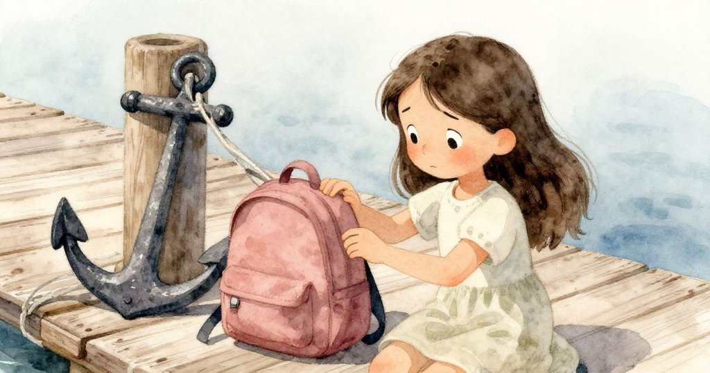 Mira正焦急檢查被小錨勾住的背包，站在濕滑的木板上，海水輕拍，她的臉上浮現驚訝與不安。