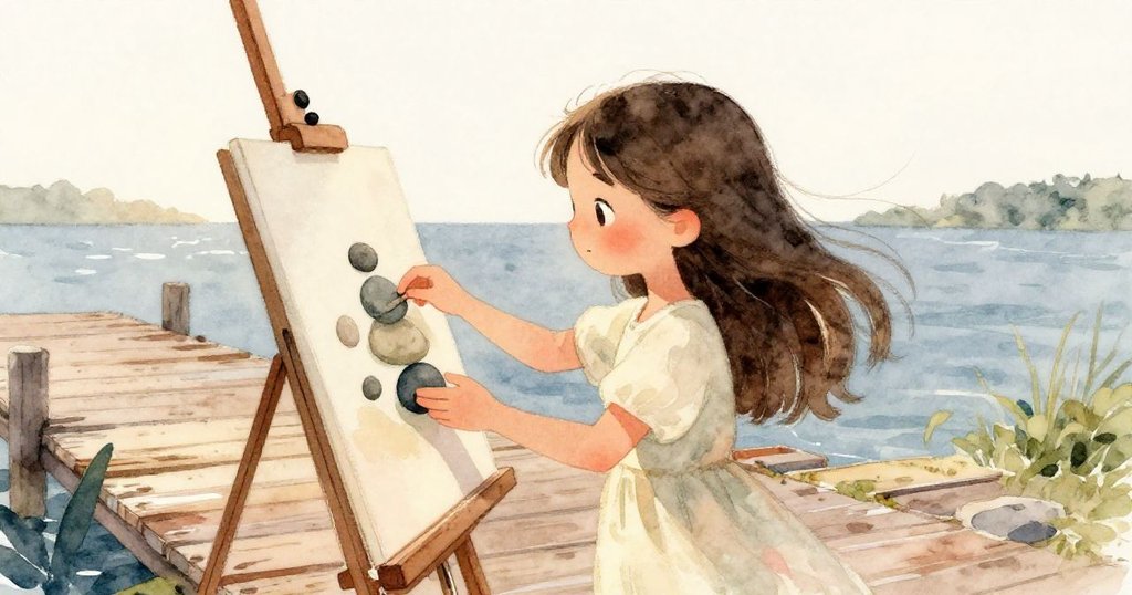 Mira彎腰將光滑小石頭壓在隨風飄動的畫紙上，神情專注平靜，周圍海風吹拂木板，呈現穩定與從容。