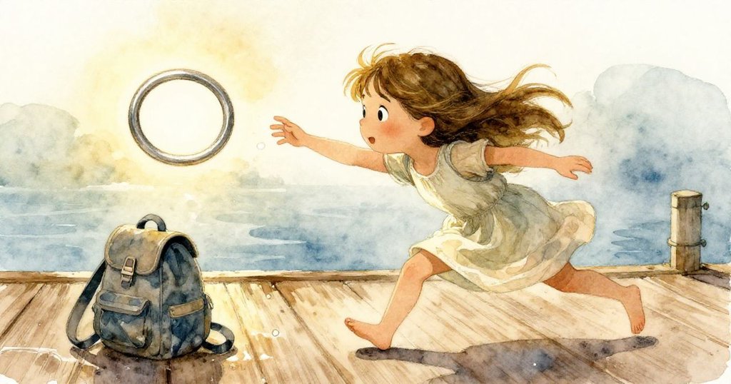 Mira驚訝迅速彎身伸手抓住滑向邊緣的背包金屬環，木板濕滑，動作急促充滿緊張與決心。