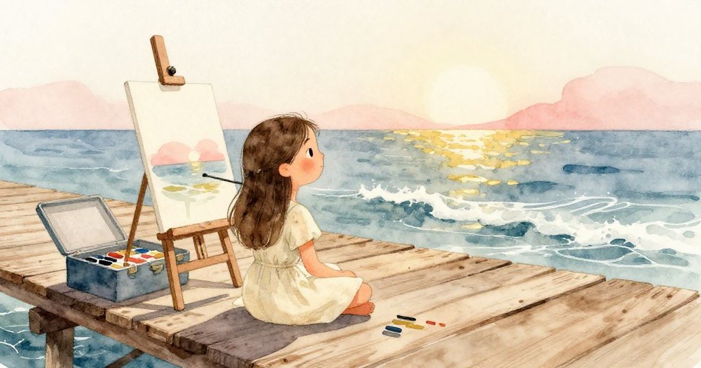 Mira整理好工具後安坐於畫架旁，完成捕捉地平線的畫作，臉上展現滿足微笑，海浪與夕陽映襯溫馨結局。