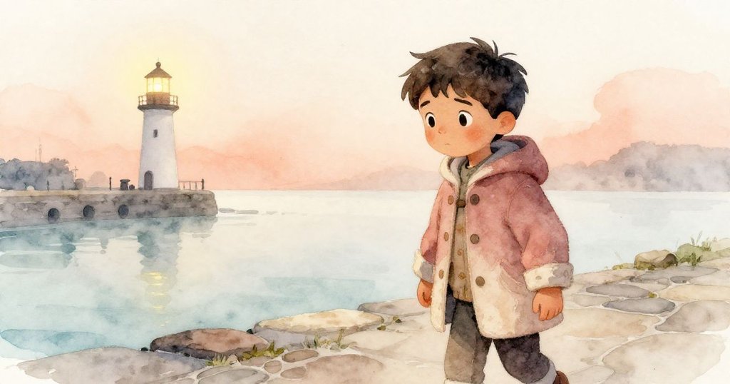 馬特奧獨自踏上霧氣瀰漫的碼頭，背景遠處白色燈塔溫柔發光，神情堅定而平靜。