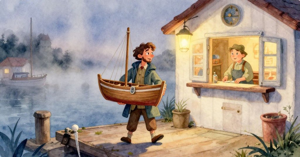 馬特奧的手專注地握著藏在大衣中的木製小船，細膩展現出任務的秘密與決心。