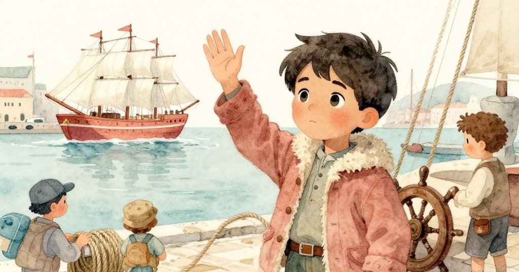 馬特奧在忙碌船隻旁揮動小船模型，船員忙於繞繩與鎖舵，場景層次分明充滿活力。