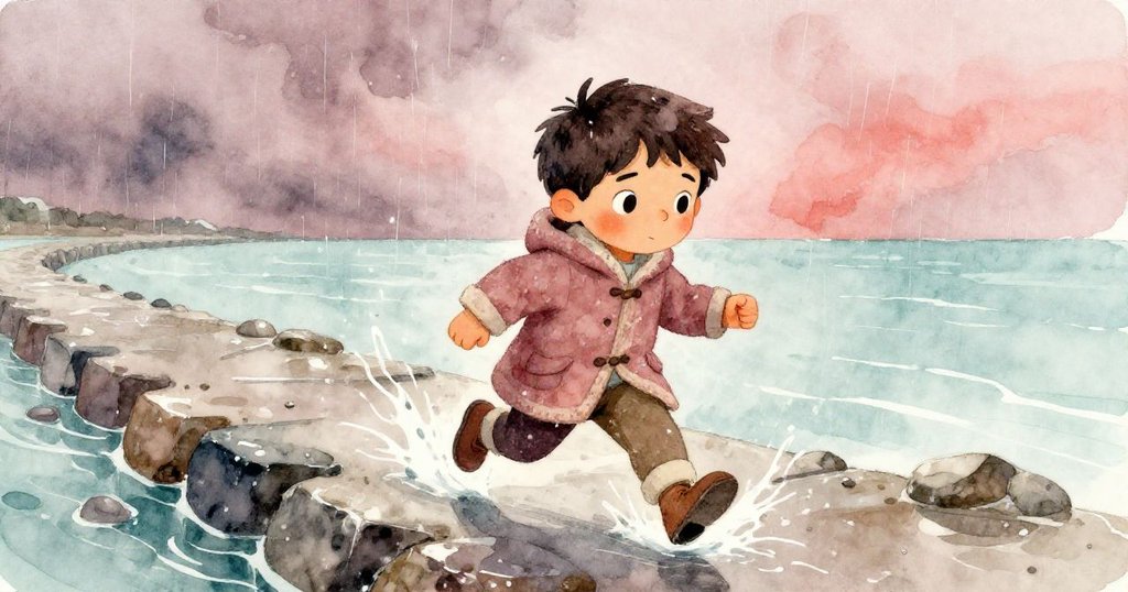 馬特奧在雨中急奔濕滑的防波堤上，雨滴與浪花交織出急迫、動感的場面。