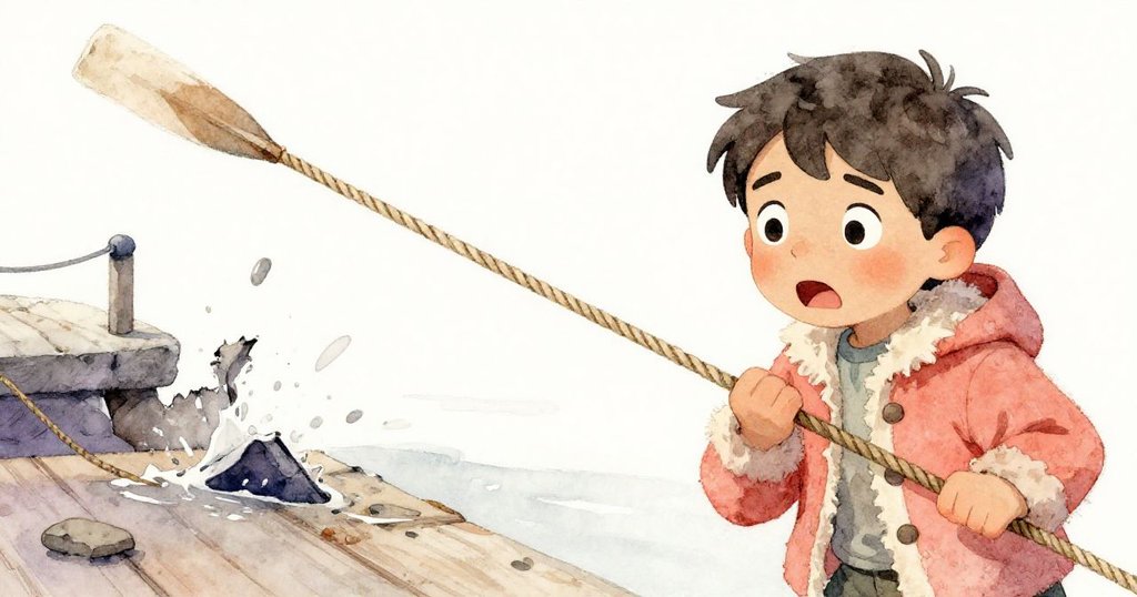 馬特奧面露驚愕，見繩子斷裂、槳邊裂開於防波堤上，場景充滿突然變故的緊張氛圍。