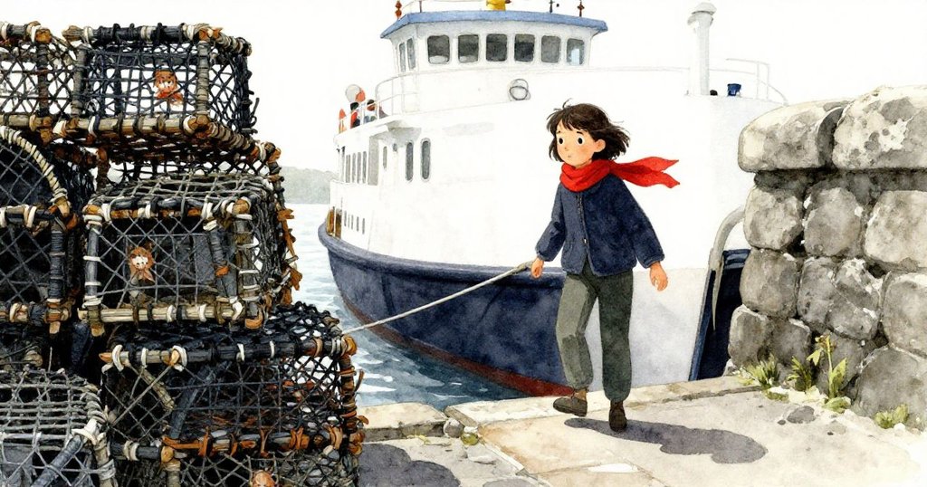 瑪拉踏上石碼頭，背景有漁船和龍蝦籠，晴朗晨光映照她期待的表情，展現故事開端。