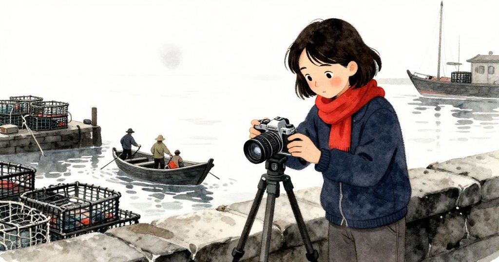 瑪拉仔細檢查相機和三腳架，旁邊漁夫推著貨箱，碼頭上古舊設備與新意交織，氣氛溫暖。