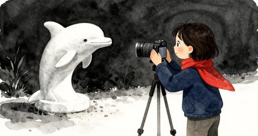 從瑪拉背後看，她正調整三腳架和相機，透過取景器注視半明半暗的雕像，氛圍專注而溫柔。