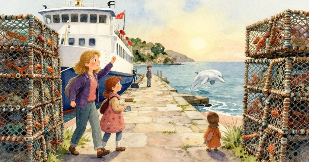 石雕的海豚在潮水噴霧與陽光交織下呈現超現實幾何美，細節精緻，充滿神秘光芒。