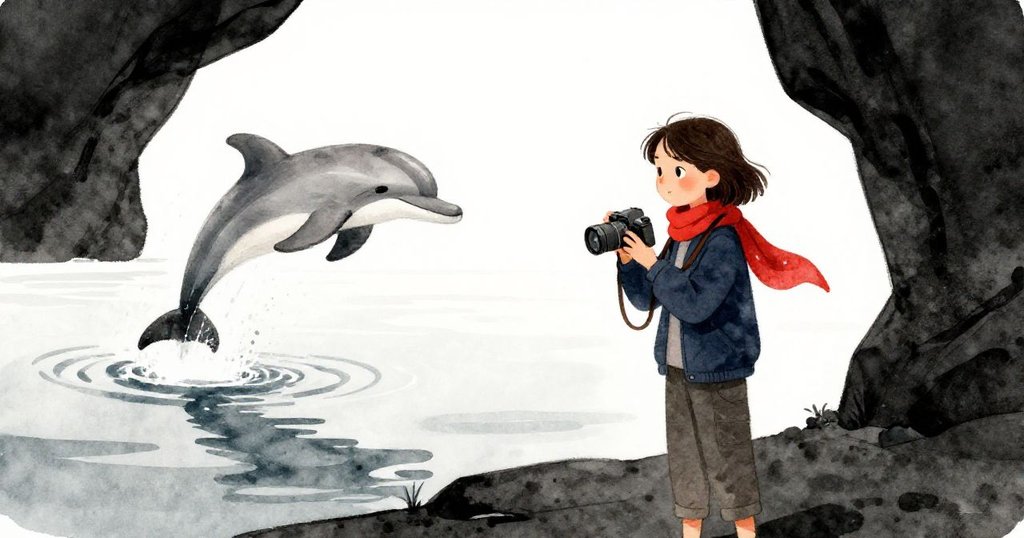 瑪拉凝神重設相機，遠處活躍的海豚躍出平靜海面，飛濺水珠映出新冒險希望，結尾充滿靜謐美感。
