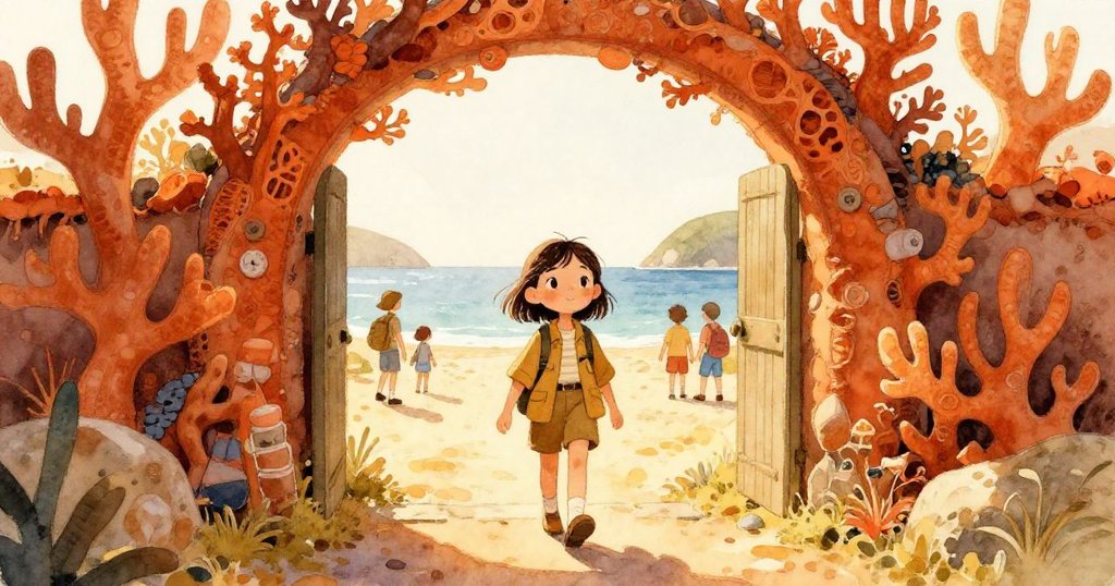 Nora踏入海岸中心入口,手持相機,面露期待,背景有珊瑚拱門與旅客,溫暖光線展現初始冒險