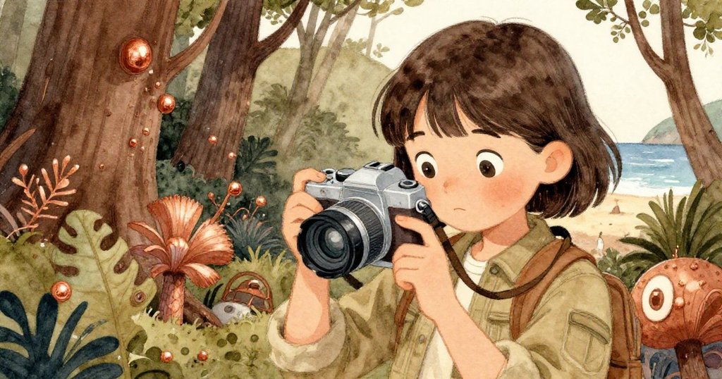 Nora仔細檢查相機並輕觸塑料邊緣,神情專注,在海岸中心背景中展現準備捕捉精彩瞬間