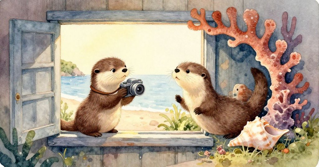 海底視角呈現波光粼粼玻璃與氣泡,海獺躍向珊瑚拱門後,動感與神秘光影交織展現奇妙瞬間