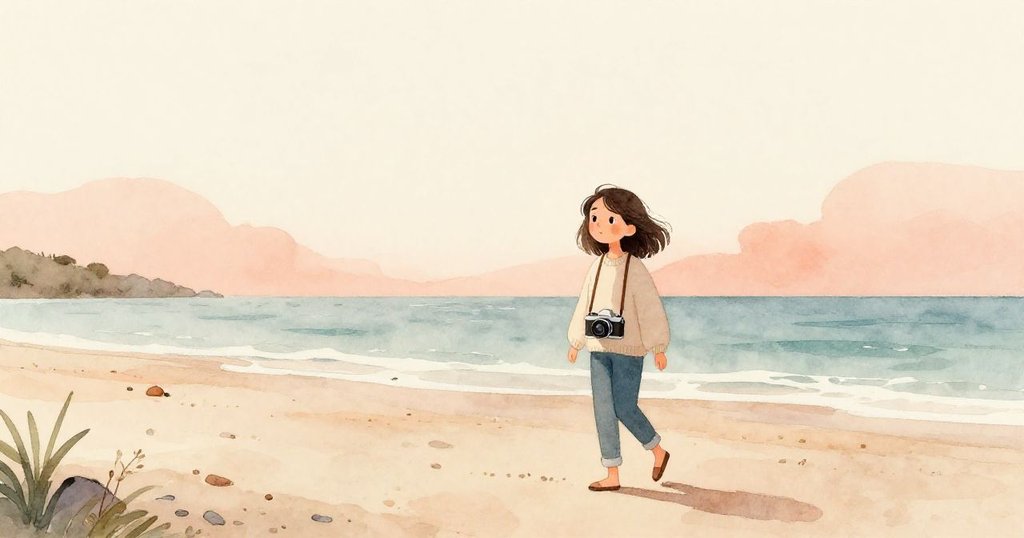 瑪拉走上寧靜的海灘,手裡抱著老舊相機,夕陽餘暉灑滿海面,神情充滿期待與平和。