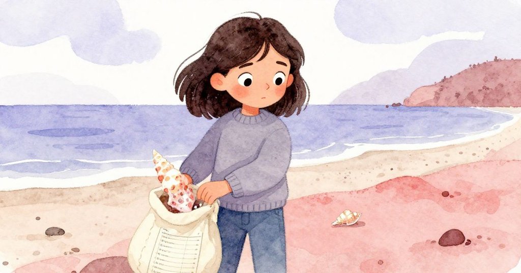 瑪拉仔細從袋中拿出光滑且旋渦狀的螺殼,夕陽輕灑海灘,神情溫柔且充滿回憶。