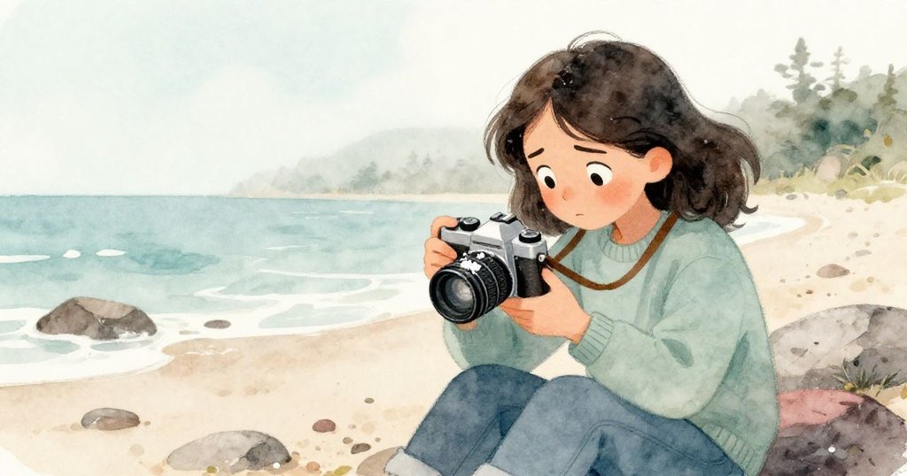 瑪拉仔細檢查因海浪帶來的鹽晶阻塞而出現故障的相機,臉上透露出專注與擔憂,背景為岩石和海浪。