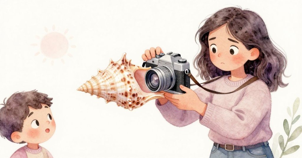 瑪拉靈機一動,用光滑的螺殼固定相機鏡頭,雙手專注調整,捕捉夕陽餘輝中創意瞬間。