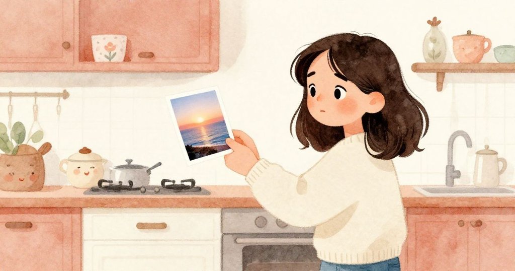 瑪拉於溫馨廚房中靜賞桌上完成的照片,燈光柔和映照臉上滿足神情,回味海邊夕陽美好瞬間。