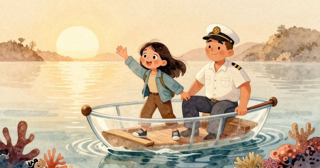 拉拉在黎明時分登上玻璃船，臉上帶著期待與興奮，船上景色溫暖而寧靜，陽光透過水面展現珊瑚。